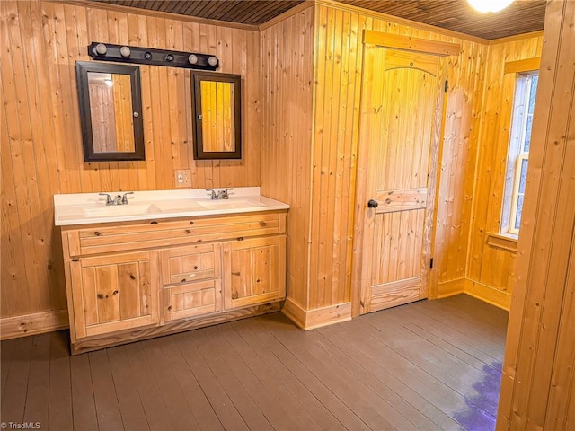 bathroom featuring vanity, wood walls, wood-type flooring, and wooden ceiling