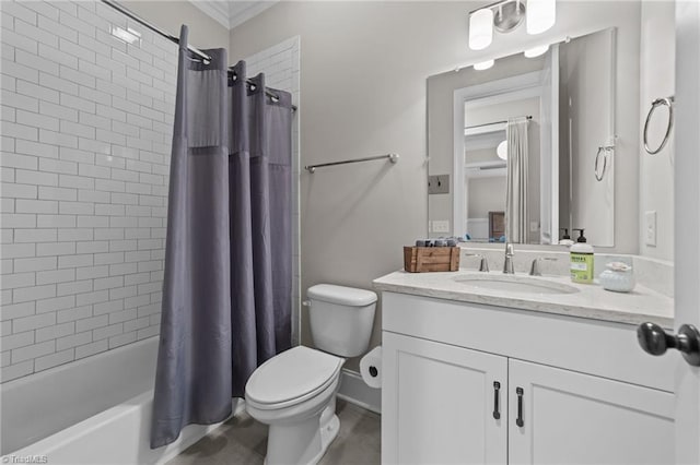 8441 Alice Player Dr, Oak Ridge, NC 27310 - bathroom featuring vanity, toilet, shower / bath combination with curtain, and ornamental molding
