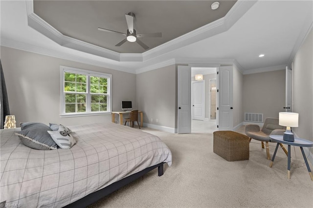 8441 Alice Player Dr, Oak Ridge, NC 27310 - bedroom featuring a tray ceiling, carpet, ornamental molding, baseboards, and recessed lighting
