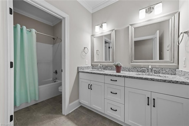 8441 Alice Player Dr, Oak Ridge, NC 27310 - full bath with ornamental molding, double vanity, shower / bathtub combination with curtain, toilet, and baseboards