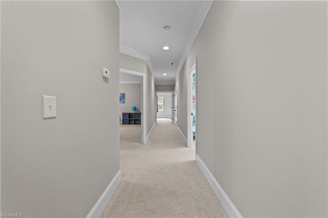 8441 Alice Player Dr, Oak Ridge, NC 27310 - hall featuring ornamental molding, light colored carpet, baseboards, and recessed lighting