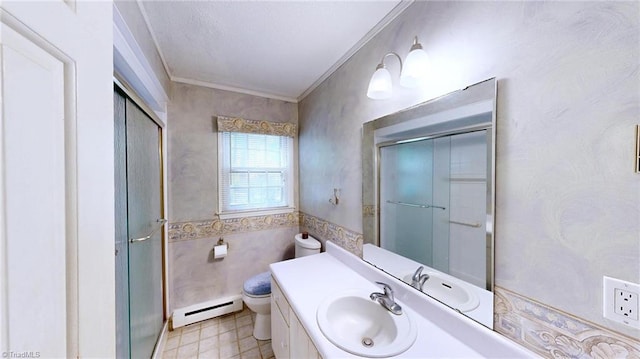 full bath featuring baseboard heating, an enclosed shower, ornamental molding, and toilet