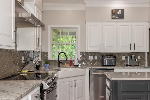 kitchen featuring white cabinetry, appliances with stainless steel finishes, ornamental molding, and a sink