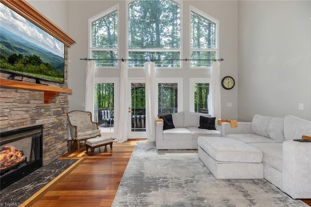 living area with wood finished floors, a fireplace, and a towering ceiling
