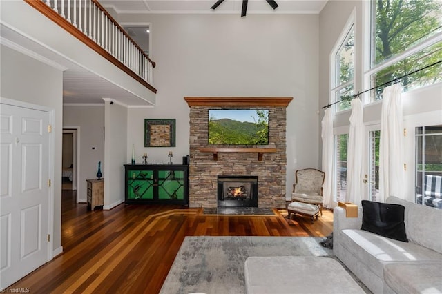 living room with a fireplace, a high ceiling, a wealth of natural light, and wood finished floors