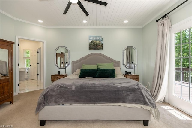 bedroom featuring light colored carpet, crown molding, wooden ceiling, and recessed lighting