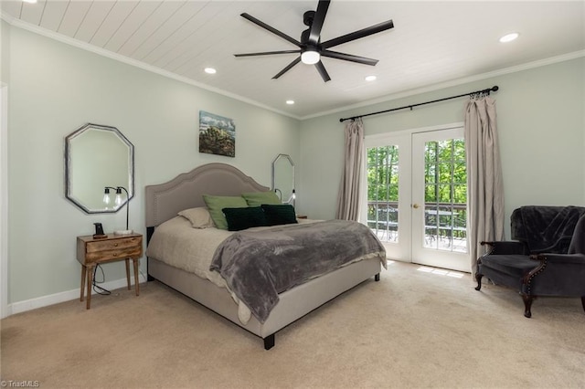 bedroom featuring french doors, light carpet, crown molding, access to outside, and recessed lighting