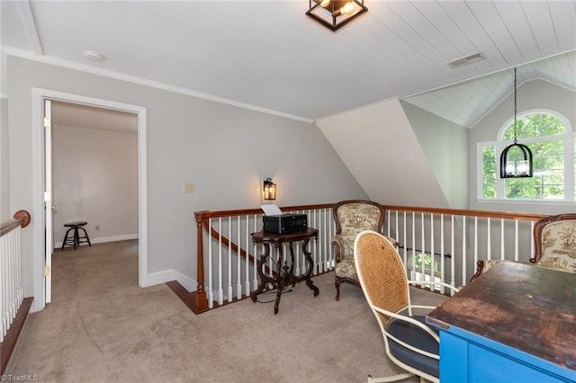 office with lofted ceiling, carpet flooring, visible vents, and baseboards