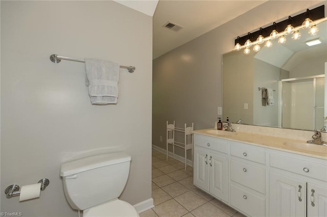 bathroom with a sink, toilet, visible vents, tile patterned flooring, and a shower stall