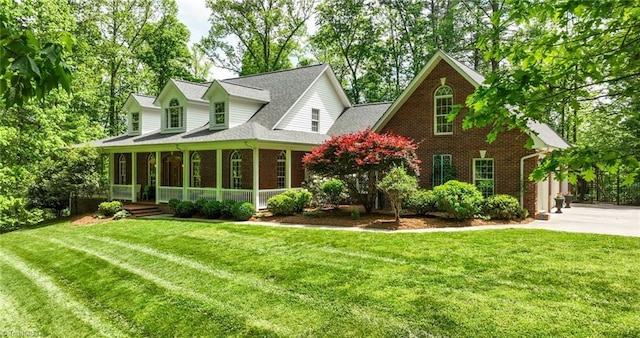 view of front facade with concrete driveway, brick siding, roof with shingles, and a front yard