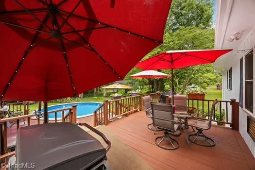 1630 Ploughboy Ln, Winston-Salem, NC 27103 - wooden terrace featuring outdoor dining space and an outdoor pool