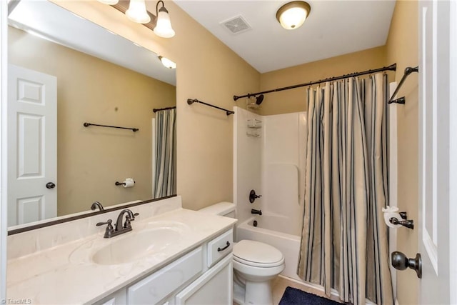 full bathroom featuring vanity, toilet, and shower / bathtub combination with curtain