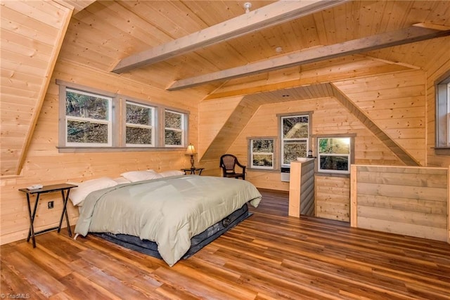 bedroom featuring hardwood / wood-style flooring, vaulted ceiling with beams, wood walls, and multiple windows