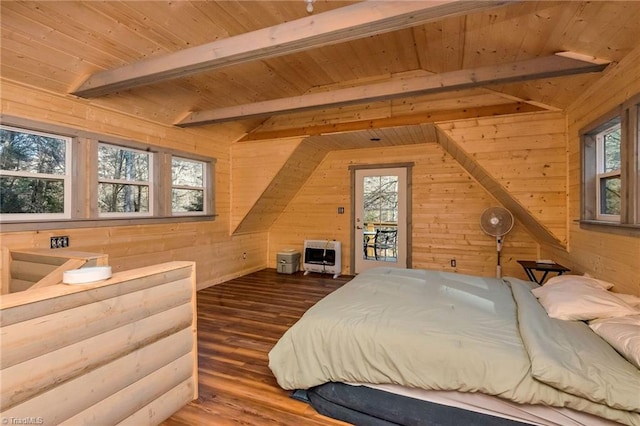 bedroom featuring vaulted ceiling with beams, wooden walls, dark wood-type flooring, and wood ceiling