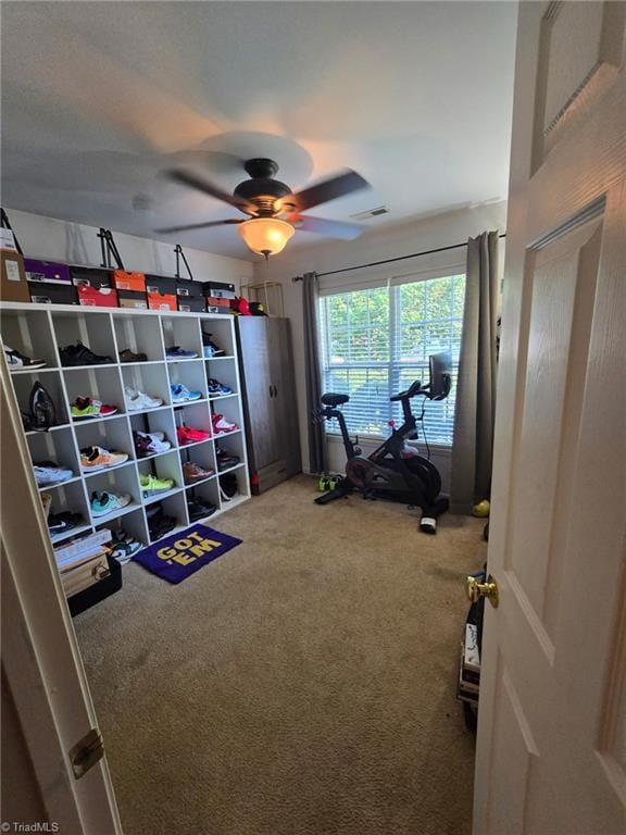 6108 Trotting Pl, Greensboro, NC 27405 - exercise room with carpet and a ceiling fan