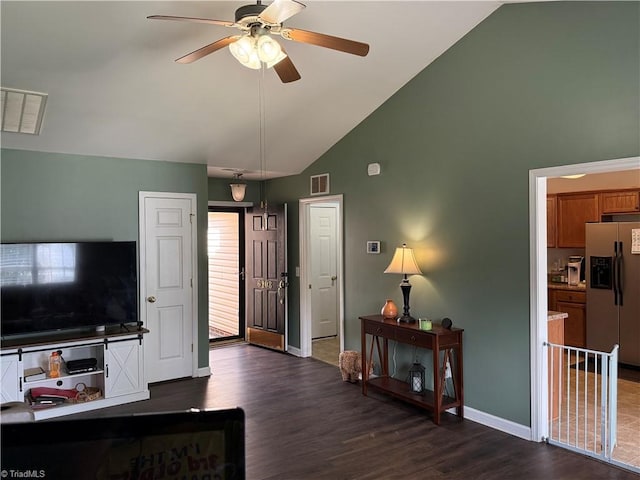6108 Trotting Pl, Greensboro, NC 27405 - living area featuring high vaulted ceiling, a ceiling fan, and dark wood-style floors
