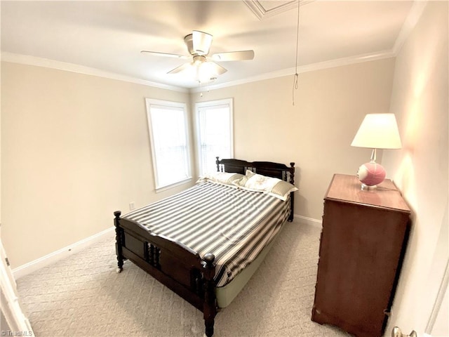 bedroom featuring light colored carpet, ornamental molding, and ceiling fan