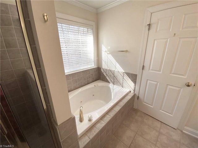 bathroom featuring tile patterned flooring, ornamental molding, and plus walk in shower