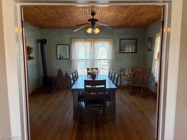 dining space with wood ceiling, ceiling fan, and wood finished floors