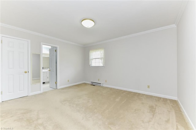 unfurnished bedroom with crown molding, light colored carpet, baseboards, ensuite bathroom, and baseboard heating