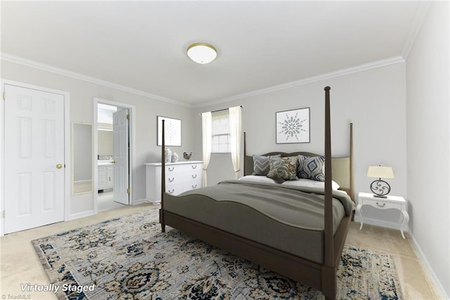 bedroom featuring ensuite bath, light carpet, crown molding, and baseboards