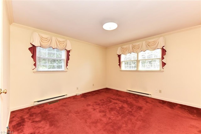 carpeted spare room featuring baseboards, crown molding, and a baseboard heating unit