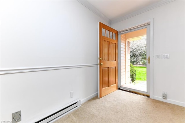 interior space featuring baseboards, baseboard heating, ornamental molding, and carpet