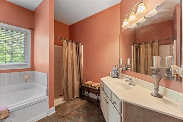 6065 Providence Church Rd, Winston-Salem, NC 27105 - bathroom featuring a shower with curtain, stone finish flooring, baseboards, a bath, and vanity