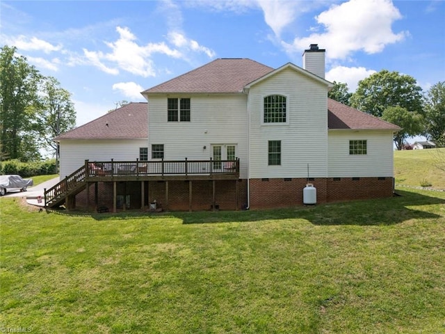 6065 Providence Church Rd, Winston-Salem, NC 27105 - rear view of property with a wooden deck, a chimney, a shingled roof, stairway, and a yard
