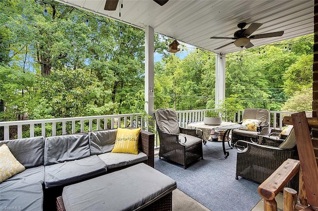 view of patio featuring an outdoor hangout area, ceiling fan, and a deck