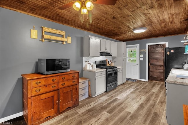 3809 Evergreen Dr, Trinity, NC 27370 - kitchen featuring appliances with stainless steel finishes, under cabinet range hood, wood ceiling, a ceiling fan, and light wood-type flooring