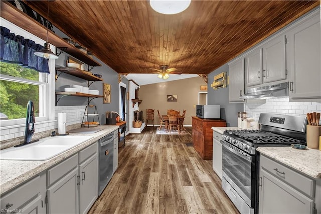 3809 Evergreen Dr, Trinity, NC 27370 - kitchen with stainless steel appliances, wooden ceiling, under cabinet range hood, a ceiling fan, and backsplash