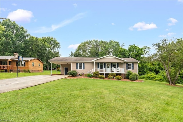 3809 Evergreen Dr, Trinity, NC 27370 - ranch-style house with driveway, a porch, a front lawn, and an attached carport