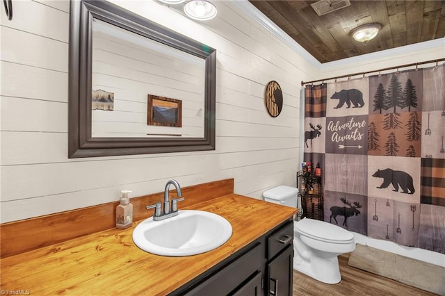3809 Evergreen Dr, Trinity, NC 27370 - bathroom with vanity, wooden walls, a shower with shower curtain, wood finished floors, and wooden ceiling