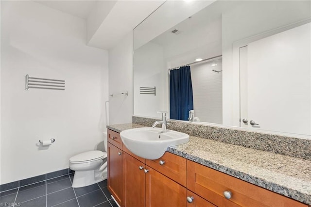 bathroom featuring a shower with shower curtain, toilet, tile patterned floors, and vanity