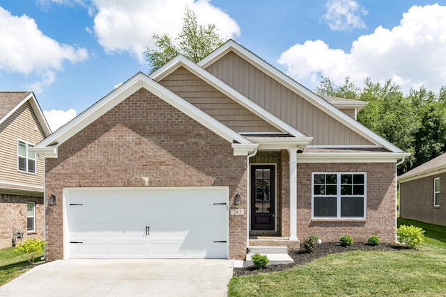 craftsman-style home with a front yard and a garage