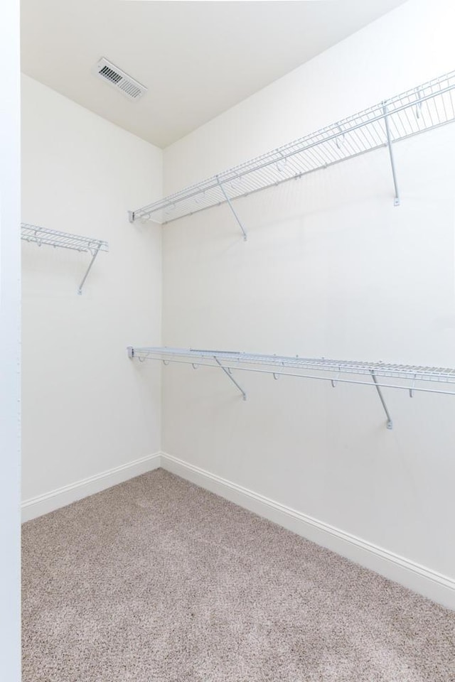 walk in closet featuring light colored carpet