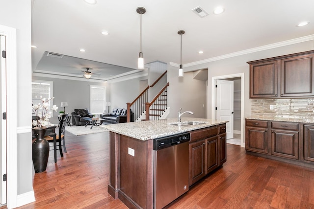 kitchen featuring decorative light fixtures, dark wood-type flooring, ceiling fan, dishwasher, and sink