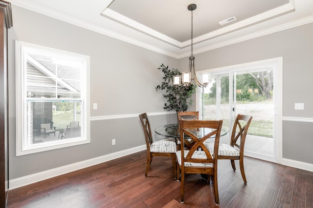 dining room with an inviting chandelier, a raised ceiling, dark wood-type flooring, and a wealth of natural light