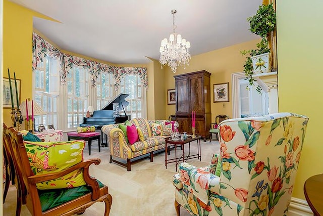 sitting room featuring light carpet and a chandelier