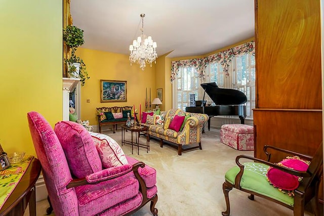 interior space featuring light colored carpet and a chandelier