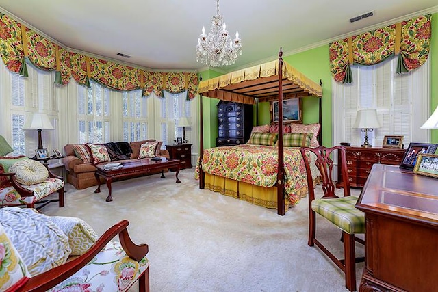 carpeted bedroom featuring an inviting chandelier and crown molding