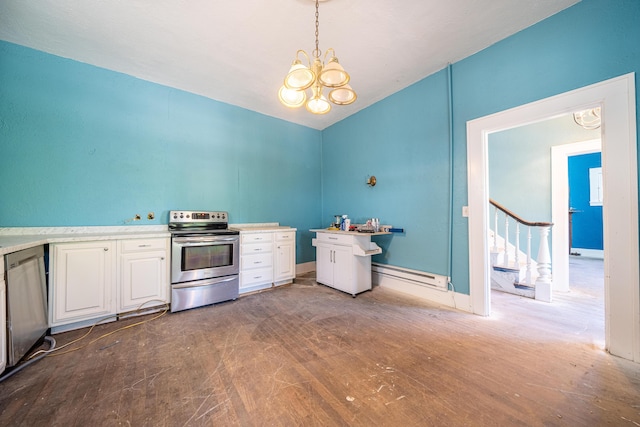 kitchen with white cabinetry, dark wood-type flooring, appliances with stainless steel finishes, a baseboard radiator, and a chandelier