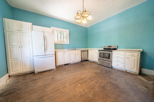 kitchen with hanging light fixtures, dark hardwood / wood-style flooring, white cabinets, appliances with stainless steel finishes, and an inviting chandelier