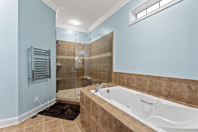 bathroom featuring separate shower and tub, tile patterned floors, ornamental molding, and radiator heating unit