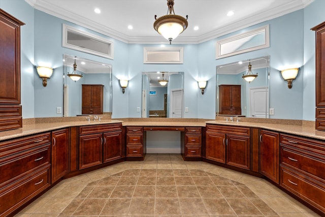 bathroom featuring tile patterned floors, double vanity, and ornamental molding