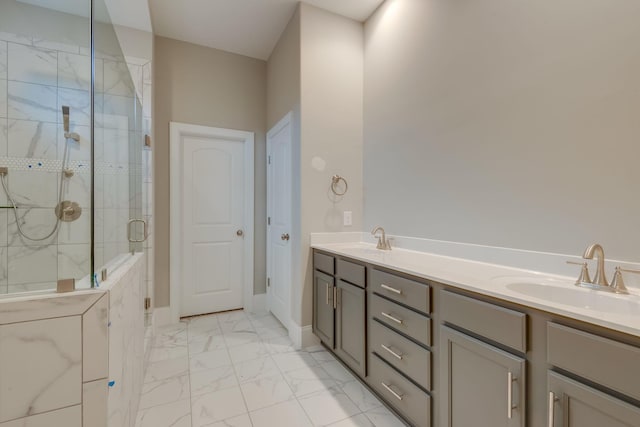 bathroom with double vanity, tile floors, and walk in shower