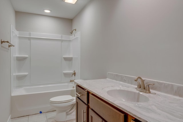 full bathroom featuring shower / bathing tub combination, toilet, tile floors, and vanity