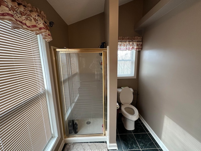 bathroom featuring tile patterned flooring, vaulted ceiling, toilet, and an enclosed shower