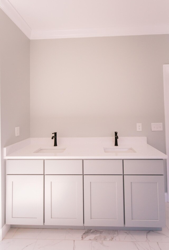 bathroom with crown molding, tile floors, and vanity